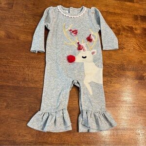 Mud Pie Gray Reindeer Ruffle Romper